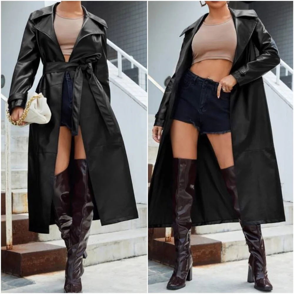 Luxe Black Vegan Leather Wide Collar Trench Coat Jacket - Picture 1 of 3